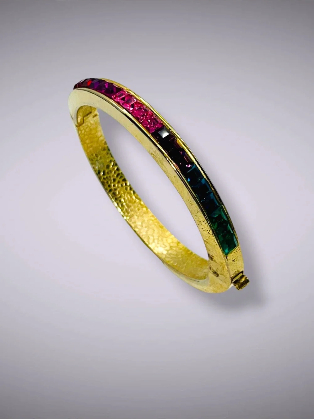 Vintage Ombre Rainbow Rhinestone CrystalChannel Set Hinged Bangle Bracelet
